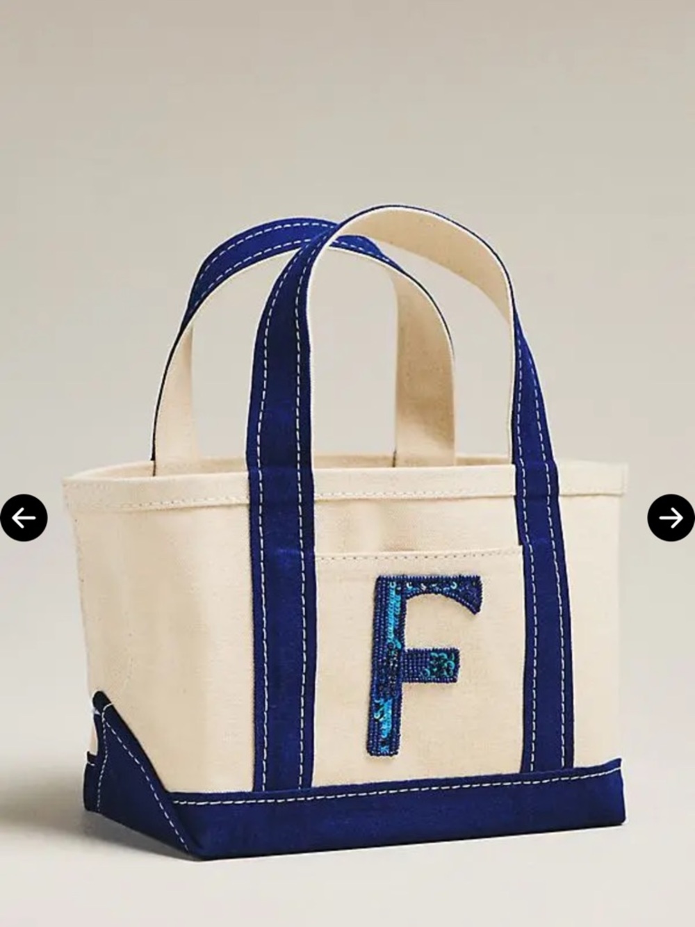 NWT Anthropologie Cream Canvas Baby Tote with Navy Handles and Sequin Initial F